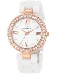 Peugeot Womens 7078WRG White Ceramic Swarovski Crystal Rose Gold Bezel Watch