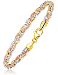 14K Tri-Tone Gold Braided Design Multi Strand Mirror Spring Bracelet