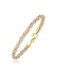 14K Tri-Tone Gold Braided Design Multi Strand Mirror Spring Bracelet
