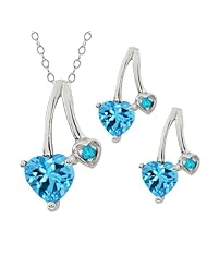 2.14 Ct Heart Shape Swiss Blue Topaz 18k White Gold Pendant Earrings Set