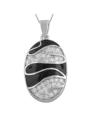 Sterling Silver Black Enamel and White Cubic Zirconia Oval Necklace (18 inch)