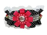 Bellas Luxury Leather Dog Collar - White Lace, Pink Ribbon with Sparkling Crystal, Black - Small 13"