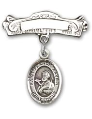 Sterling Silver Baby Badge with St. Francis Xavier Charm and Arched Polished Badge Pin