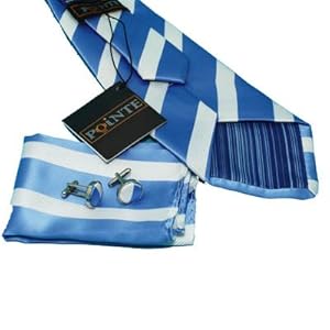 Ph1008 Italian Style Blue White Stripes 100% Jacquard Woven Silk Tie Hanky Neck Tie for Him and Cuff Links Cufflinks for Men and Handkerchiefs Set with Presentation Box