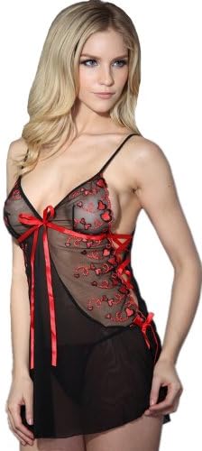 ROSEMANDY Sexy Sheer Embroidery Lingerie Sleepwear Dress with G-string (Black)