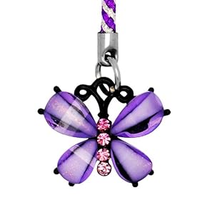 Cell Phone Mobile Camera Charm Strap Purple Diamond Butterfly