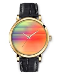 SPRAWL Aanalog Fashion Series Gold Ladies Watches of Genuine Black Leather Strap,Unique Wrist Watch for Women Girls Designed with Background blurred colored lines
