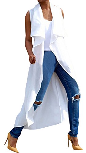 Nulibenna Women Summer Sleeveless Turn Down Collar White Vest Trench Coat Long