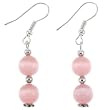 Handmade Pink Cat's Eye Dangle Earrings With Silver Beads