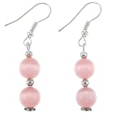 EXP Handmade Pink Cat's Eye Dangle Earrings With Silver Beads