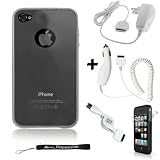 Dark Smoke Flexi Skin Cover for Apple iPhone 4 / 4th Generation compatible with 16GB / 32GB + 4-inch eBigValue (TM) Determination Hand Strap Key Chain + Includes a Trave Accessorie Charge Kit; Home and Wall charger with a Retractable USB Sync Cable + Full Front and Back Screen Protector for IPHONE 4