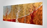 Abstract Landscape Painting Golden Seasons - 60x24 in - Big Wall Art - Modern Tree Design Triptych Artwork Bold Home Accent w Bright Red - Orange - and Golden Colors on 3 Decorative Metal Panels