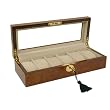 New Improved Luxury Watch Box Storage Case for 6 Watches Walnut Wood Finish with Display Window and Locking Key with Tassel