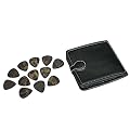 GUITAR PICK POUCH COMPLETE WITH 12 ASSORTED DELRIN PLECTRUMS IN BLACK WITH GOLD ROCK MOTIFS