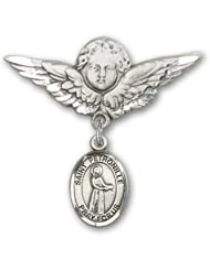 Sterling Silver Baby Badge with St. Petronille Charm and Angel with Wings Badge Pin