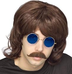 Mens 60s 70s Retro Disco Long Brown Shag Costume Wig Adult