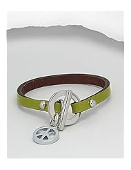 Lawn Green Peace Symbol Leather Bracelet In White Base