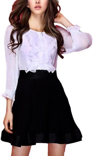 Ousy Women's Elegant Ruffled Top Pleated Work Casual Dress S Plus White/Black