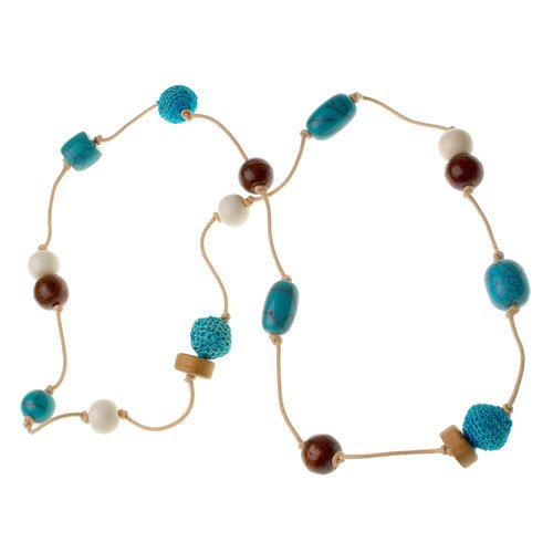 Turquoise Blue Beaded Long Collar Necklace with Crochet and Wood Beads