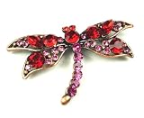 Red and Pink Color Austrian Rhinestone Dragonfly Brass-Tone Brooch Pin