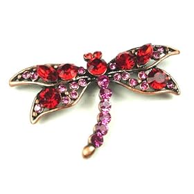 Red and Pink Color Austrian Rhinestone Dragonfly Brass-Tone Brooch Pin