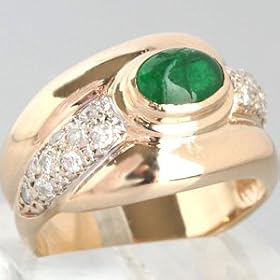An Estate 14K Yellow Gold Emerald Cabochon & Diamond Ring by 