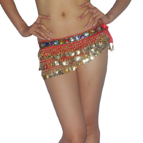 Ladies Sexy Exotic Belly Dance Hip Scarf / Costume Belt With Coins & Beads - Red -Size: one size
