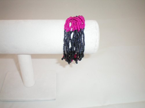 Bracelet Stretch Multi Line Beads Black Pink Pewter