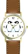 Two Penguins - Penguin Cartoon - JP - WATCHBUDDY&reg; DELUXE TWO-TONE THEME WATCH - Arabic Numbers - Brown Leather Strap-Size-Women's Size-Small