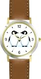 Two Penguins - Penguin Cartoon - JP - WATCHBUDDY&reg; DELUXE TWO-TONE THEME WATCH - Arabic Numbers - Brown Leather Strap-Size-Women's Size-Small