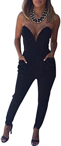 Deemers Women's Strapless Romper Jumpsuits Tight Waist Clubwear W/pockets (L, Black)
