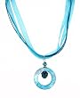 Necklace - N280 - Genuine Mother of Pearl Shell and Fire Polished Glass on 5-Strand Cotton and Organza Cord - Round (1-1/4" Diameter) ~ Aqua