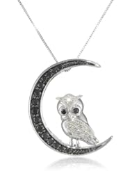 10k White Gold Black and White Diamond Owl Pendant Necklace (1/2 cttw, I-J Color, I2-I3 Clarity), 18"