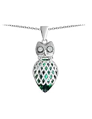 Original Star K (tm) Good Luck Owl Pendant with Pear Shape Simulated Emerald in 925 Sterling Silver