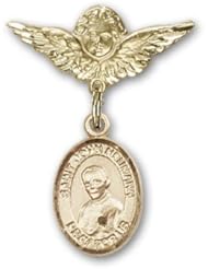 14K Gold Baby Badge with St. John Neumann Charm and Angel with Wings Badge Pin