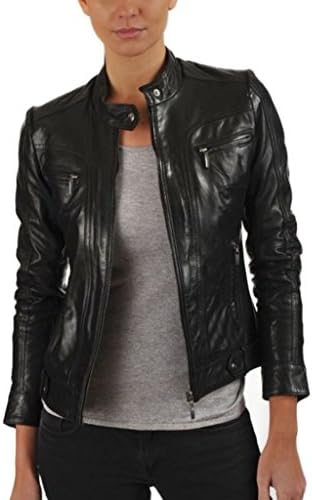 Leather Fashion Stores Women's Lambskin Leather Bomber Biker Jacket X-Large Black