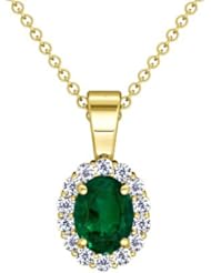 14K Yellow Gold Oval Cut Emerald And Round Diamond Pendant
