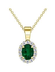18K Yellow Gold Oval Cut Emerald And Round Diamond Pendant