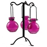 Unique Bottle Tree w/ 3 Hanging Jewel Colored Glass Bottle Ball Vases ~ G63 Fuchsia Decorative Colored Glass Floral, Bud or Plant Starter Ball Vases with Roman Style Black Rod Iron Bottle Tree Stand