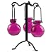 Unique Bottle Tree w/ 3 Hanging Jewel Colored Glass Bottle Ball Vases ~ G63 Fuchsia Decorative Colored Glass Floral, Bud or Plant Starter Ball Vases with Roman Style Black Rod Iron Bottle Tree Stand