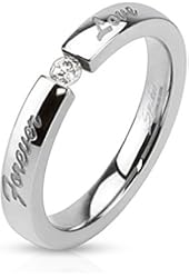 'Forever Love' Engraved Stainless Steel Band Ring with 3mm Tension set CZ