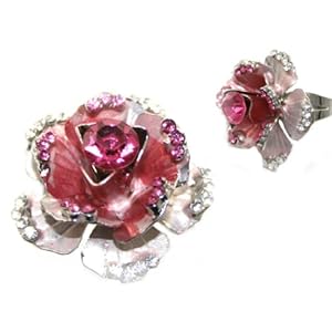 Ladies Large Beautiful Rose Flower Cocktail Fashion Ring with Pink & Ice Crystals ~ Adjustable Size ~ Comes Gift Boxed!