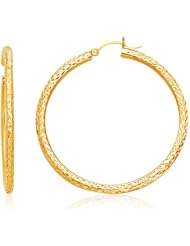 14K Yellow Gold Medium Width Hoop Earrings with Decorative Pattern