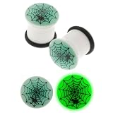 White Acrylic Single Flared Plug with Glow in the Dark Spider Web and