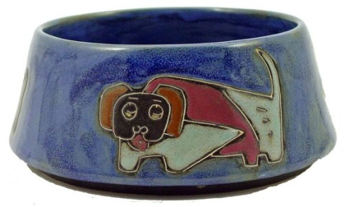 MARA STONEWARE COLLECTION - Large 48 Oz. Pet Feeding Or Water Dish Blue Bowl - Abstract Puppy Dog Design