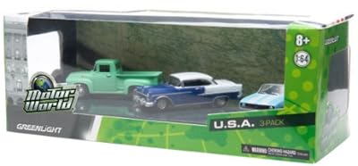 GreenLight Motor World - 1955 Chevrolet Bel-Air, 1956 Ford F-100 Truck, 1969 Chevrolet Camaro Convertible Diecast Vehicle, 1:64 Scale, 3-Pack