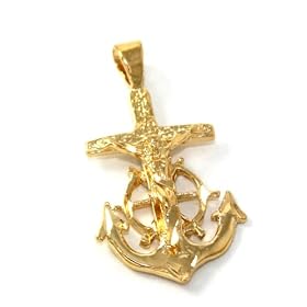 24k Gold Layered (GL) Diamond Cut LARGE Jesus on Cross and Anchor Charm Pendant ~ LIFETIME WARRANTY...