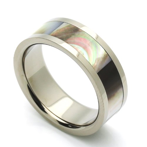 8MM Comfort Fit Titanium Wedding Band Mother Of Pearl Flat Ring (Size 8 to 12)