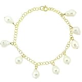Vermeil (24k Gold over Sterling Silver) Genuine Freshwater Cultured White Pearl Nugget Stone Rolo Link Dangle Chain Bracelet