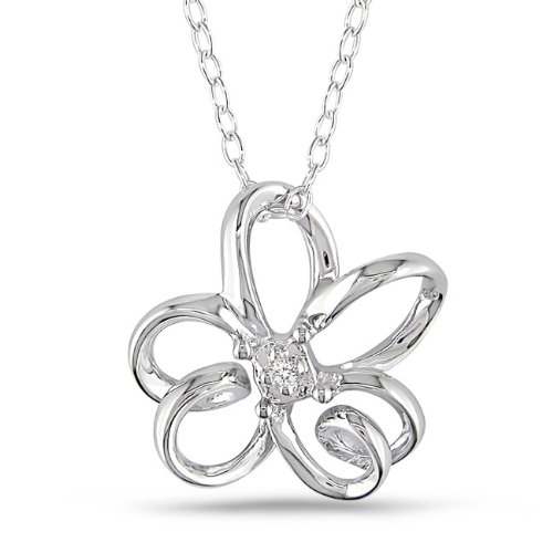 Sterling Silver 0.01 CT TDW Diamond Flower Pendant With Chain (G-H, I2-I3)